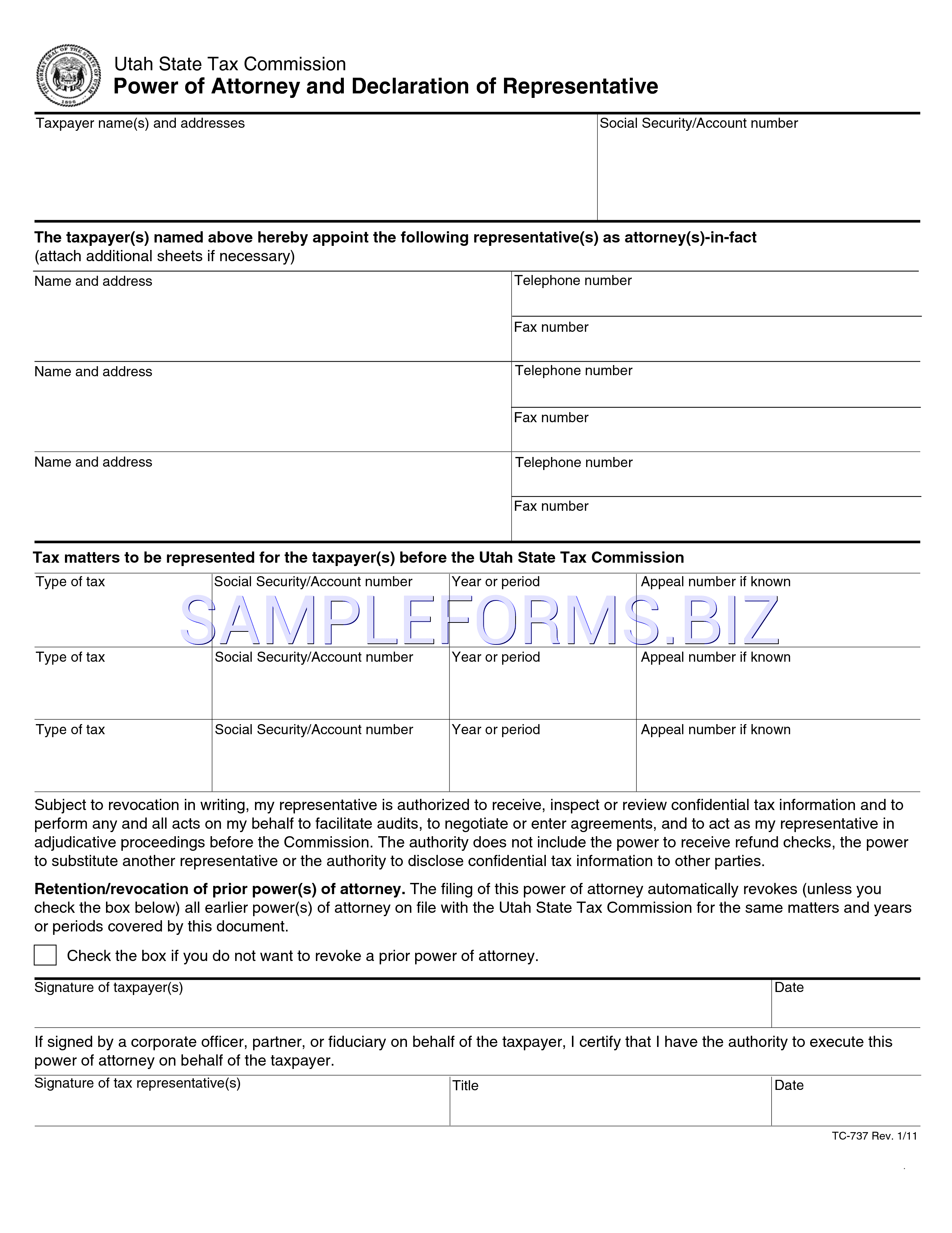 Preview free downloadable Utah Tax Power of Attorney Form in PDF (page 1)
